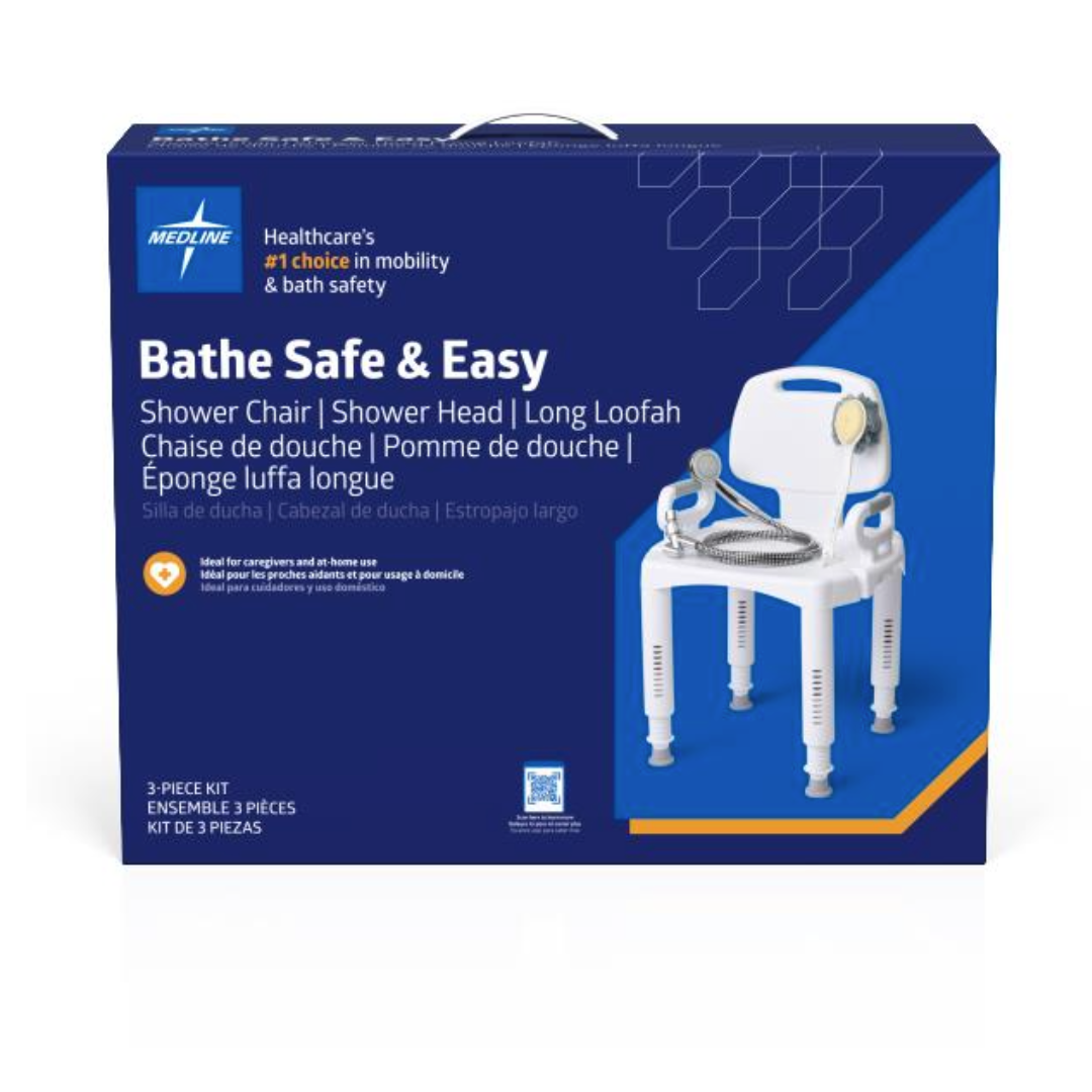 A blue Medline box labeled "Bathe Safe & Easy Kits for Caregivers with Shower Chair" contains a shower chair, shower head, and long loofah. The front displays the assembled chair, accessories, and bilingual product details.